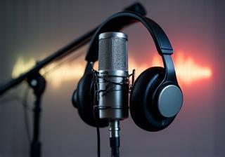 Microphone and headphones on a sound stand for recording